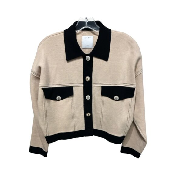 NWT Sandro Cher Cropped Cardigan Beige Black Topstitch Button Up Size 0 / XS - Picture 12 of 13